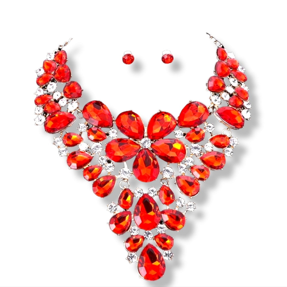 18k gold plated red crystal flower necklace earrings set